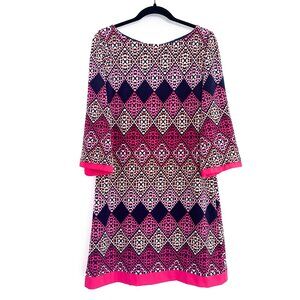Eliza J Geometric Print Jersey Shift Dress Pink Navy Crew Neck Women's Size 14